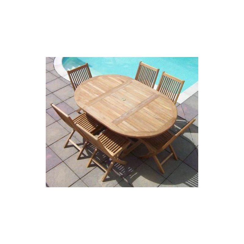 1.2m x 1.2m - 1.8m Teak Circular Extending Table with 6 Kiffa Folding Chairs